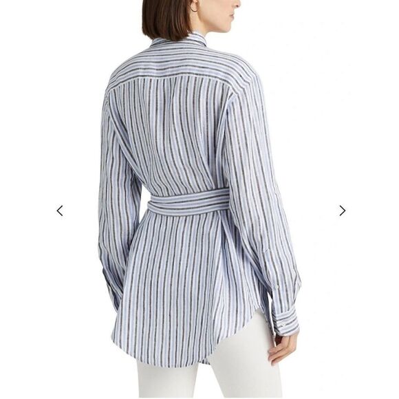 Lauren Ralph Lauren Striped Button Up Belted Linen Tunic - Picture 2 of 7